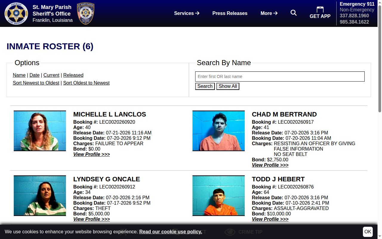 St. Mary Parish released inmate feed with booking and release record fields
