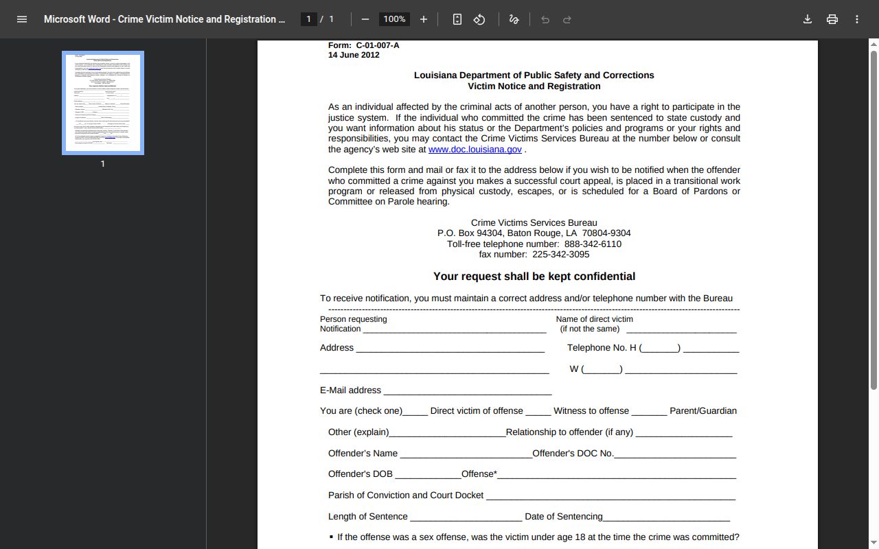 Louisiana Victim Outreach registration form for St. Mary Parish state release notices